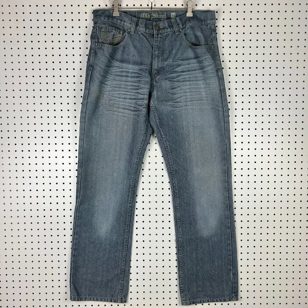 Old Skool Y2K Gothic Baggy Jeans 34x34 Blue Grunge Embroidered Honeycomb Gray‎